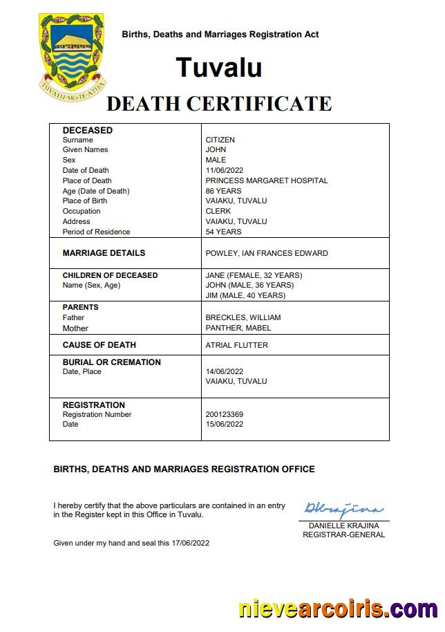 Tuvalu vital record death certificate
